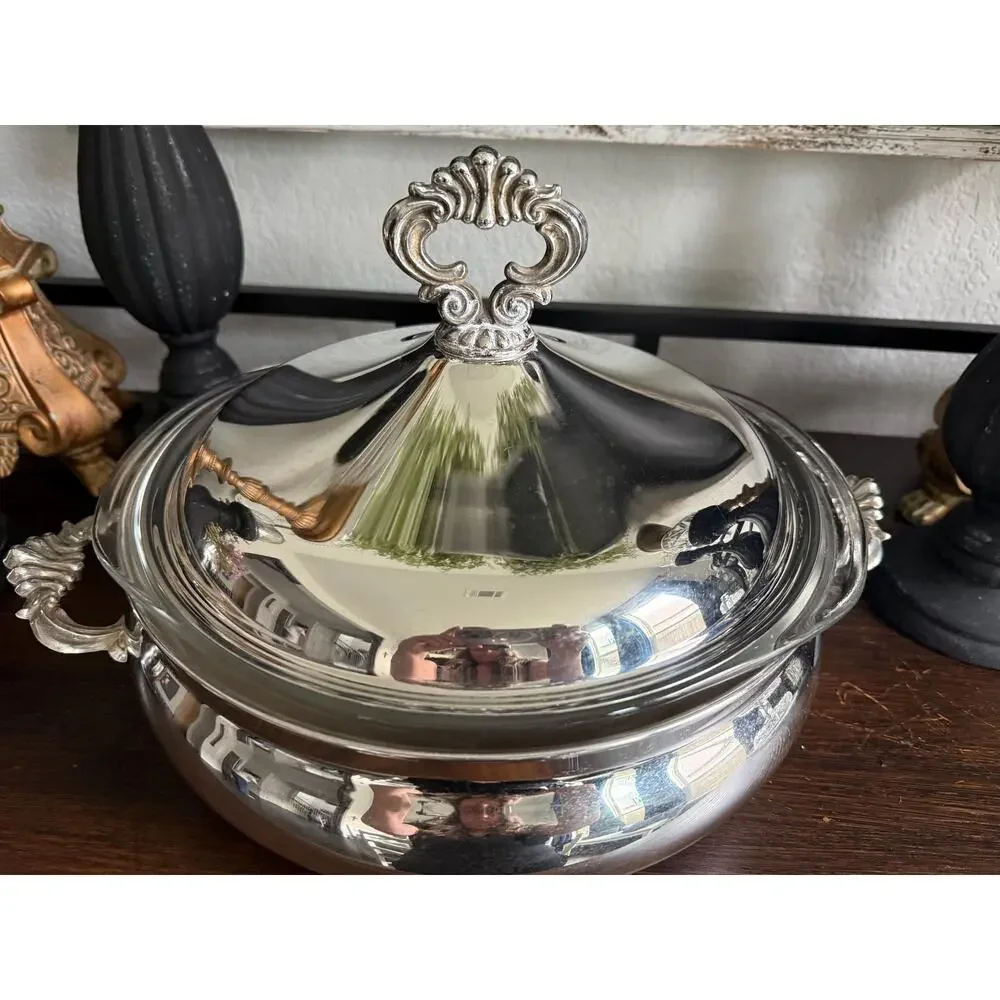 Vintage F.B. Rogers Silver Plated Covered Casserole Pyrex Insert Mid Century